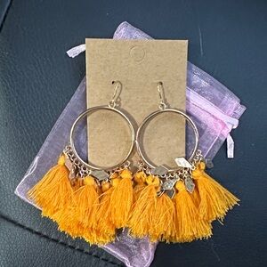 Gold and Orange Tassel Hoop Earrings